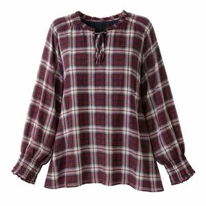 Talbots Plaid Dark Red Blouse Tie Neck‎ Long Sleeve Smocked Cuffs Womens Plus 3X